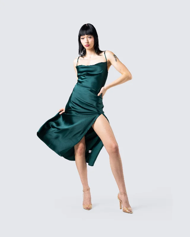 Alina Emerald Satin Midi Dress