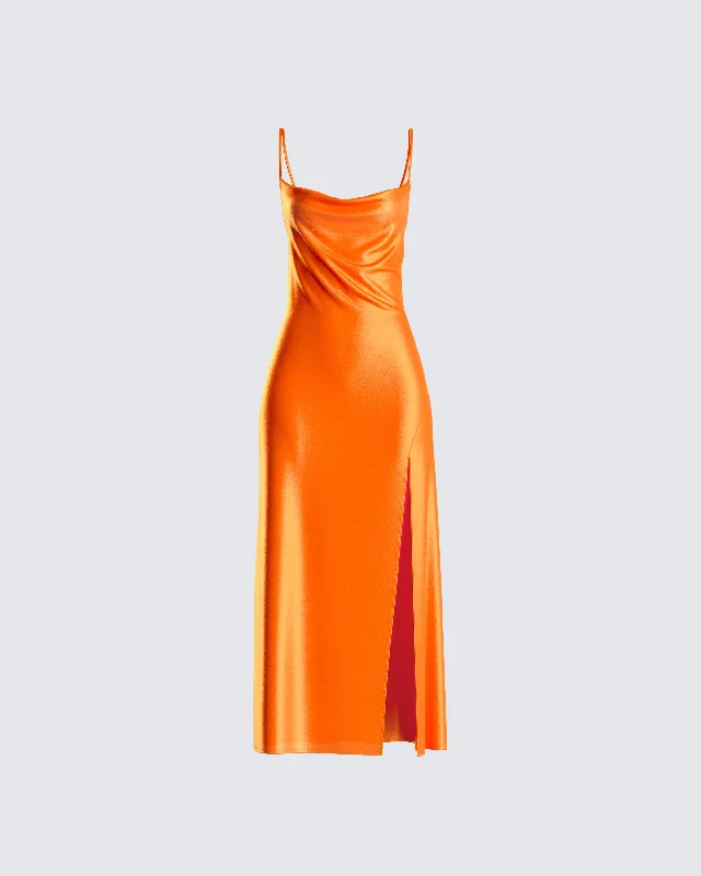 Alina Orange Satin Midi Dress