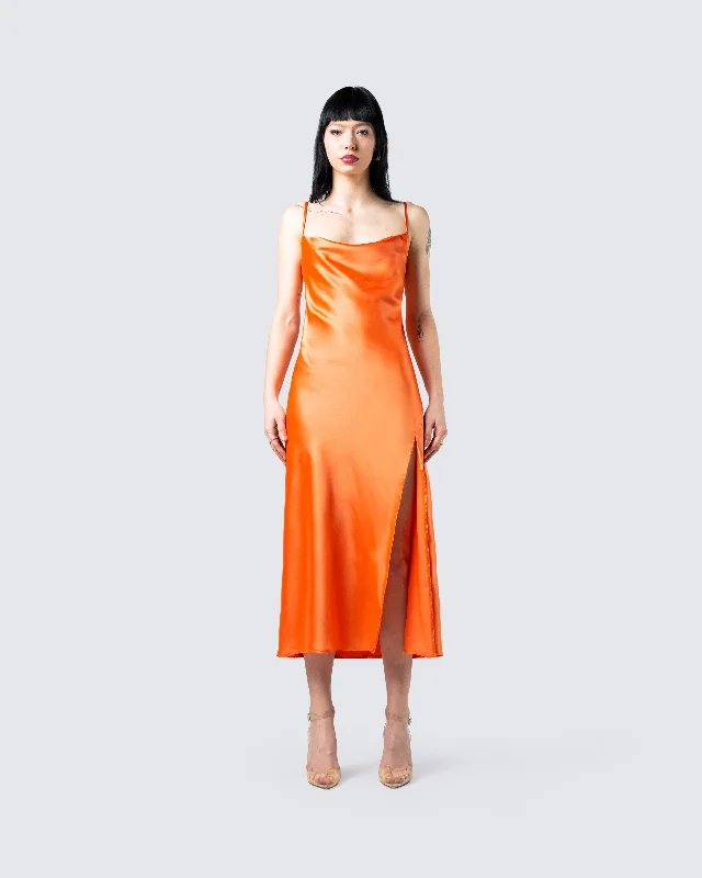 Alina Orange Satin Midi Dress