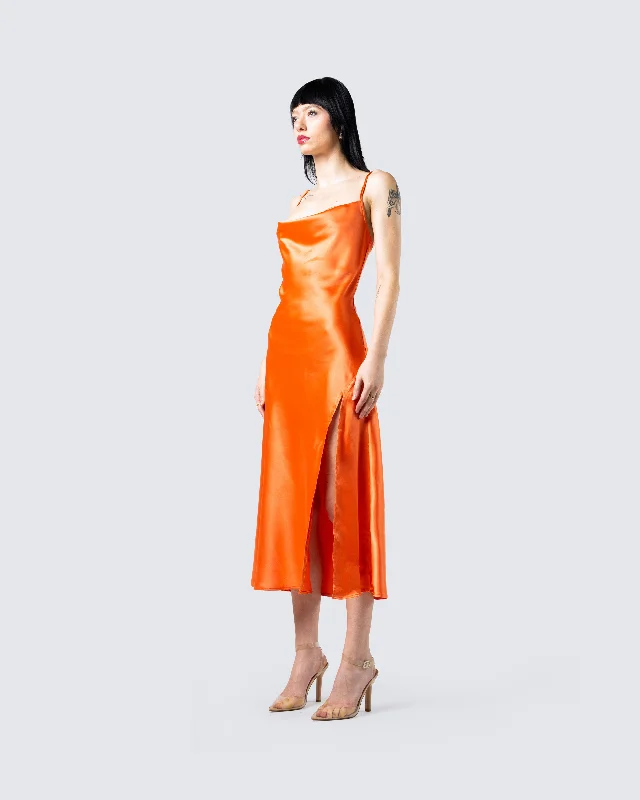 Alina Orange Satin Midi Dress