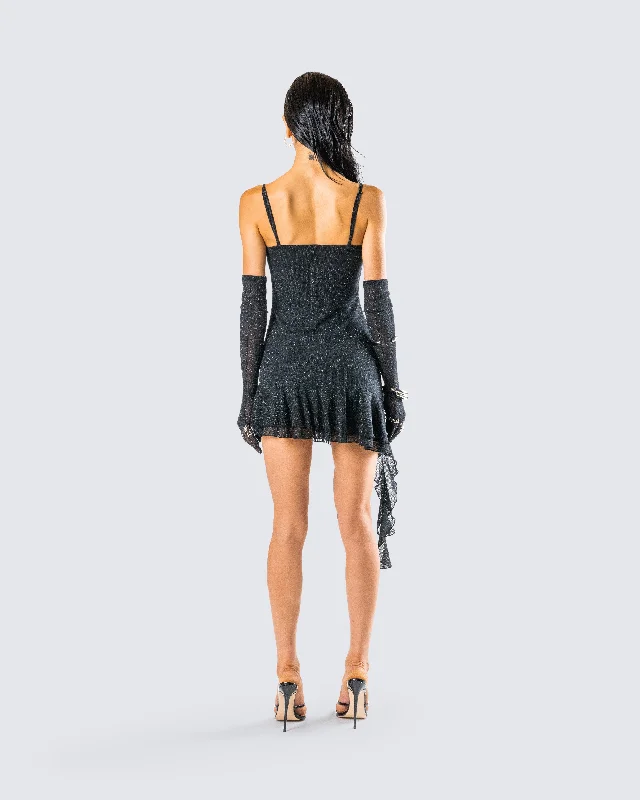 Anyssa Black Shimmer Mini Dress And Gloves