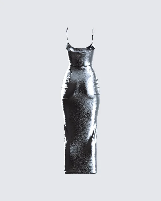 Aurra Metallic Gunmetal Midi Dress