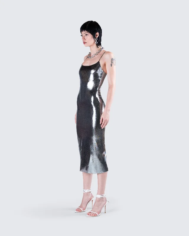 Aurra Metallic Gunmetal Midi Dress