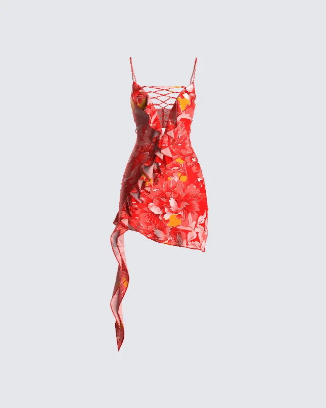 Aviva Red Floral Print Mini Dress