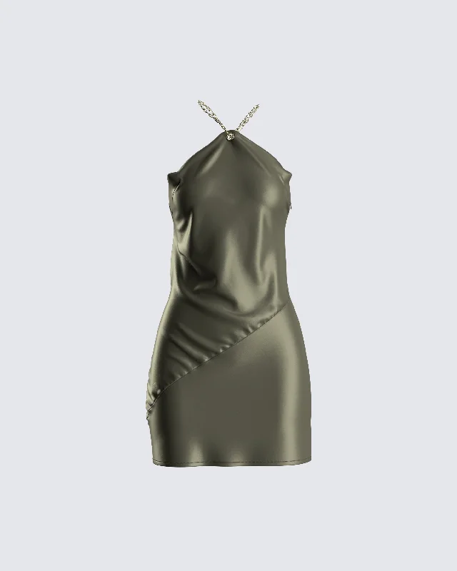 Bindi Olive Green Satin Mini Dress