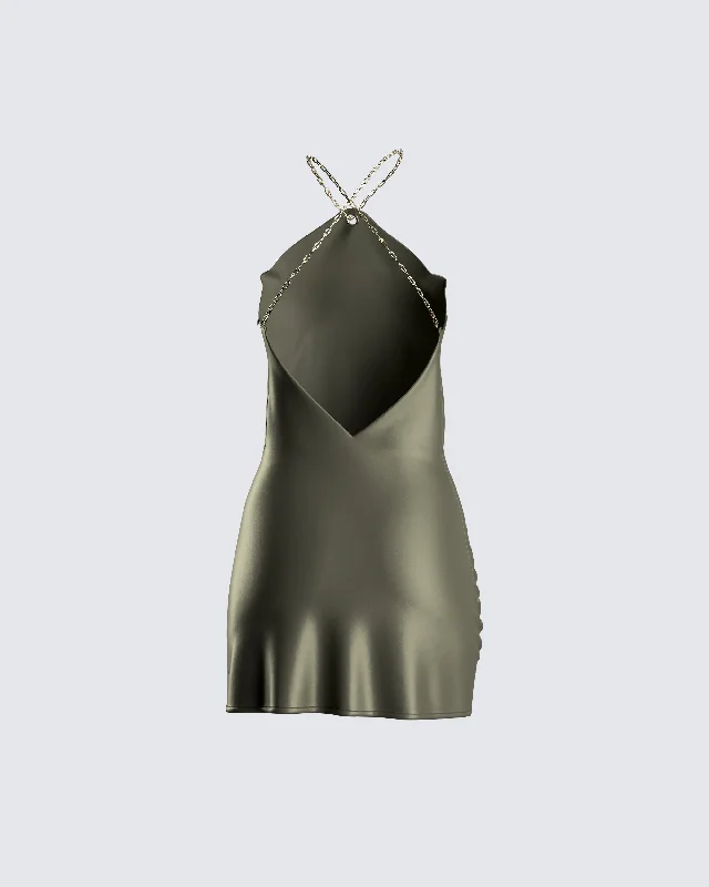 Bindi Olive Green Satin Mini Dress