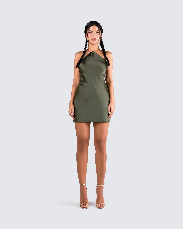 Bindi Olive Green Satin Mini Dress