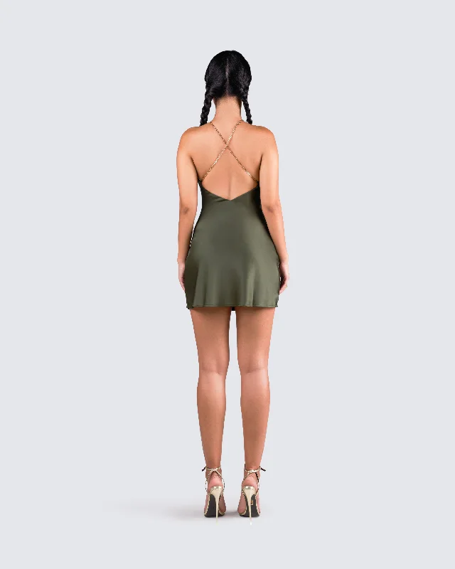 Bindi Olive Green Satin Mini Dress