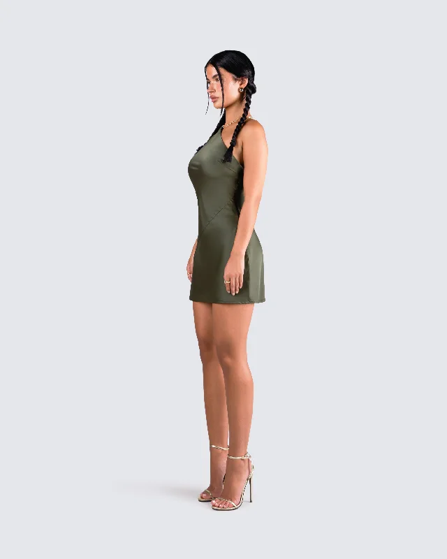 Bindi Olive Green Satin Mini Dress