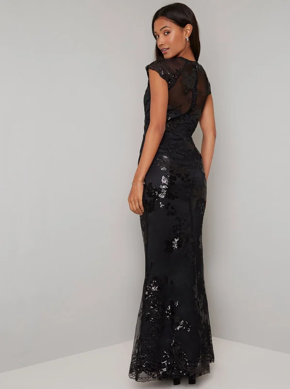 Black Sequin Embellished Fish Tail Maxi Dress