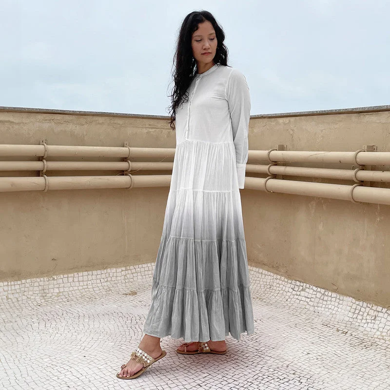 A-Line Maxi Dress | Pure Cotton | Ombre-Dyed | White & Grey