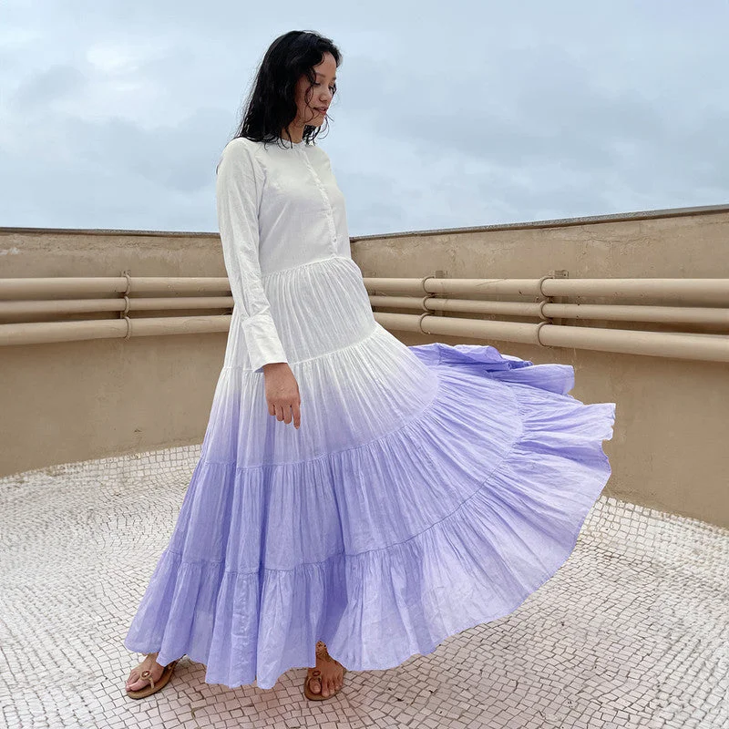 A-Line Maxi Dress | Pure Cotton | Ombre-Dyed | White & Lilac