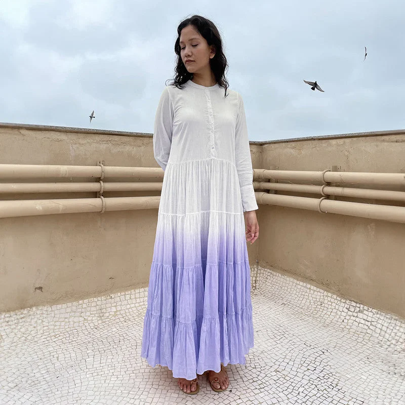 A-Line Maxi Dress | Pure Cotton | Ombre-Dyed | White & Lilac