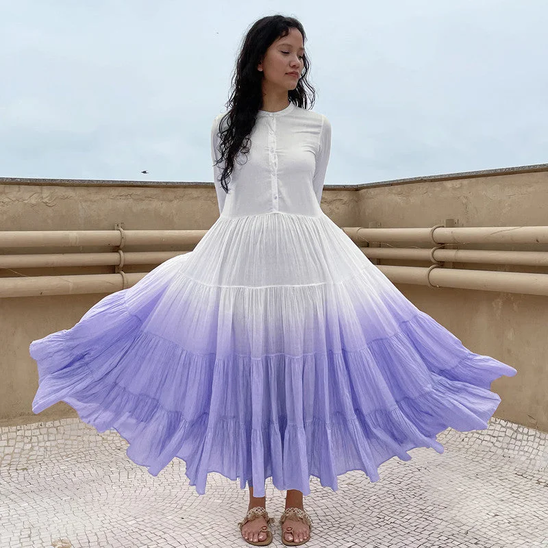 A-Line Maxi Dress | Pure Cotton | Ombre-Dyed | White & Lilac