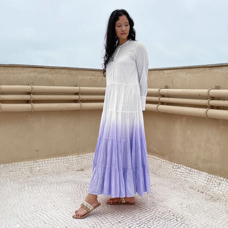 A-Line Maxi Dress | Pure Cotton | Ombre-Dyed | White & Lilac