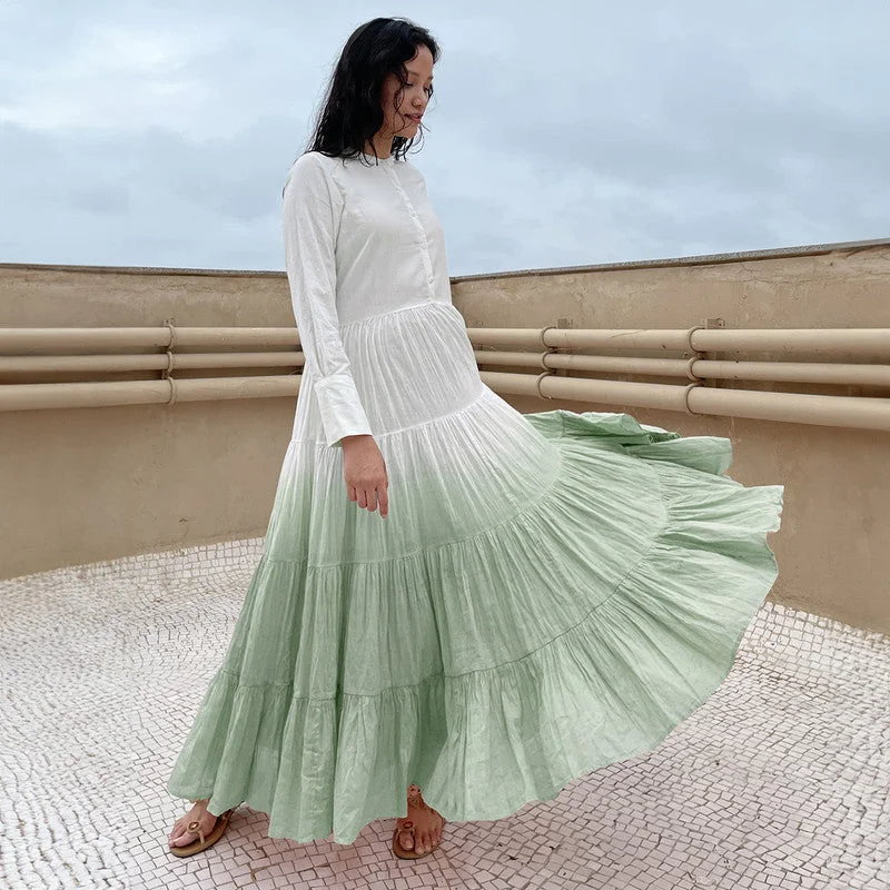 A-Line Maxi Dress | Pure Cotton | Ombre-Dyed | White & Mint