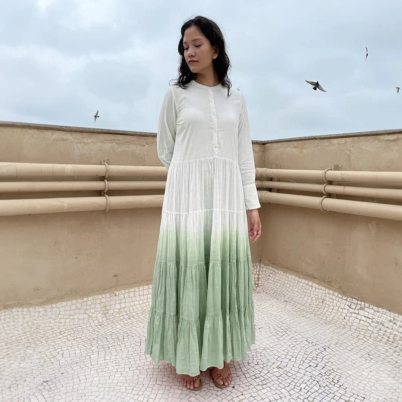 A-Line Maxi Dress | Pure Cotton | Ombre-Dyed | White & Mint