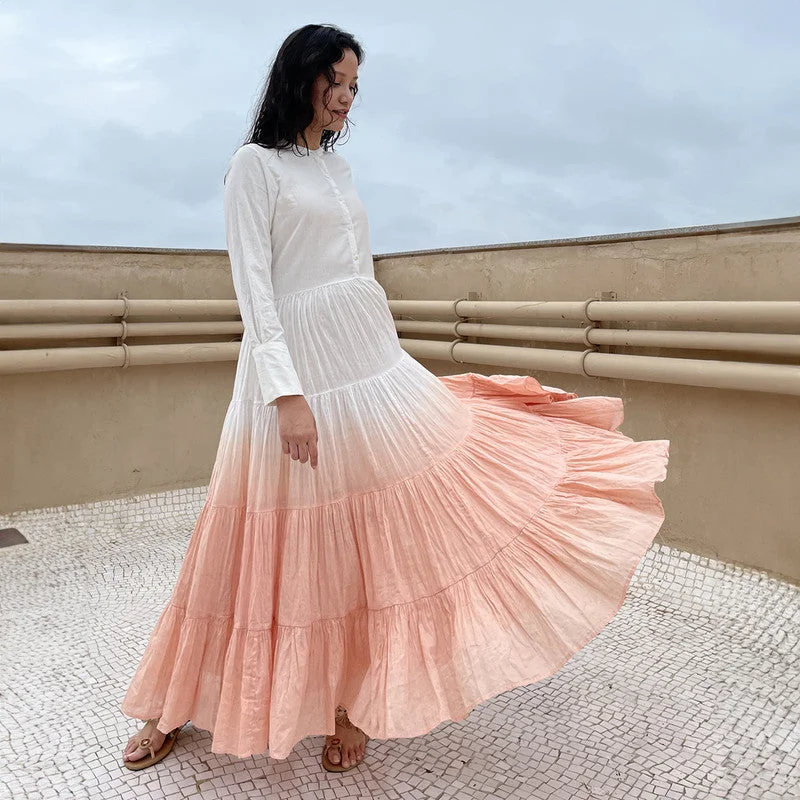 A-Line Maxi Dress | Pure Cotton | Ombre-Dyed | White & Peach