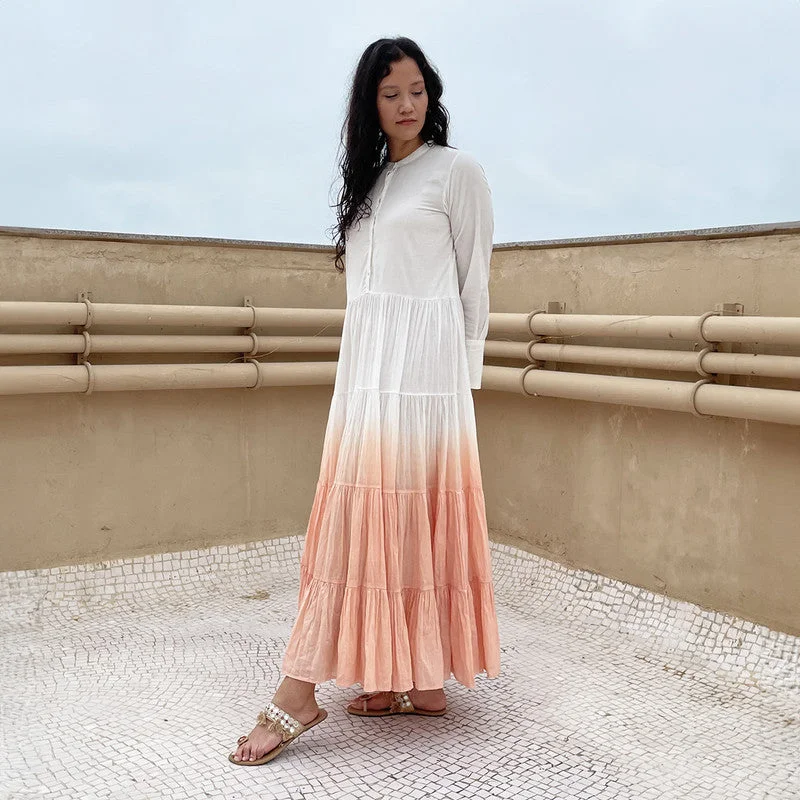 A-Line Maxi Dress | Pure Cotton | Ombre-Dyed | White & Peach