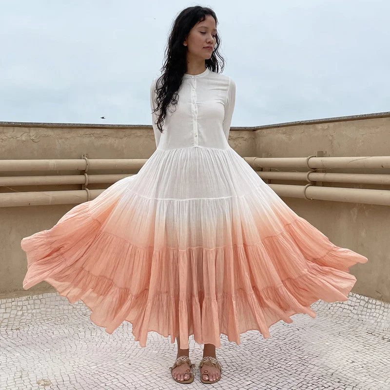 A-Line Maxi Dress | Pure Cotton | Ombre-Dyed | White & Peach