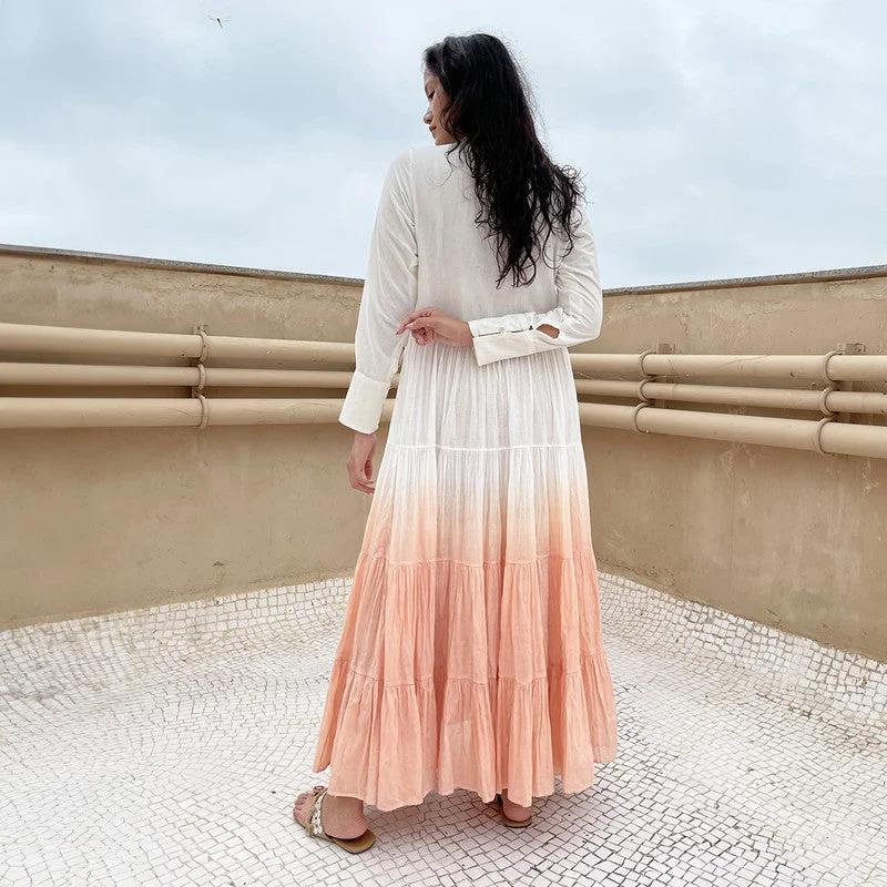 A-Line Maxi Dress | Pure Cotton | Ombre-Dyed | White & Peach