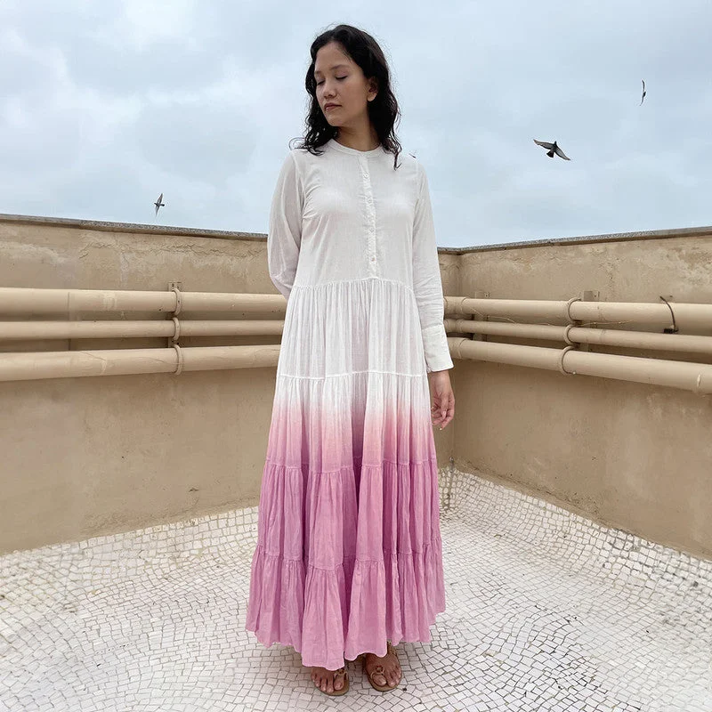 A-Line Maxi Dress | Pure Cotton | Ombre-Dyed | White & Pink