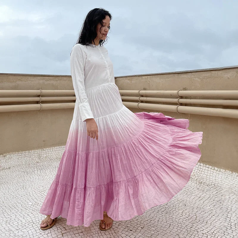 A-Line Maxi Dress | Pure Cotton | Ombre-Dyed | White & Pink