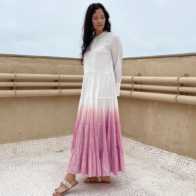 A-Line Maxi Dress | Pure Cotton | Ombre-Dyed | White & Pink