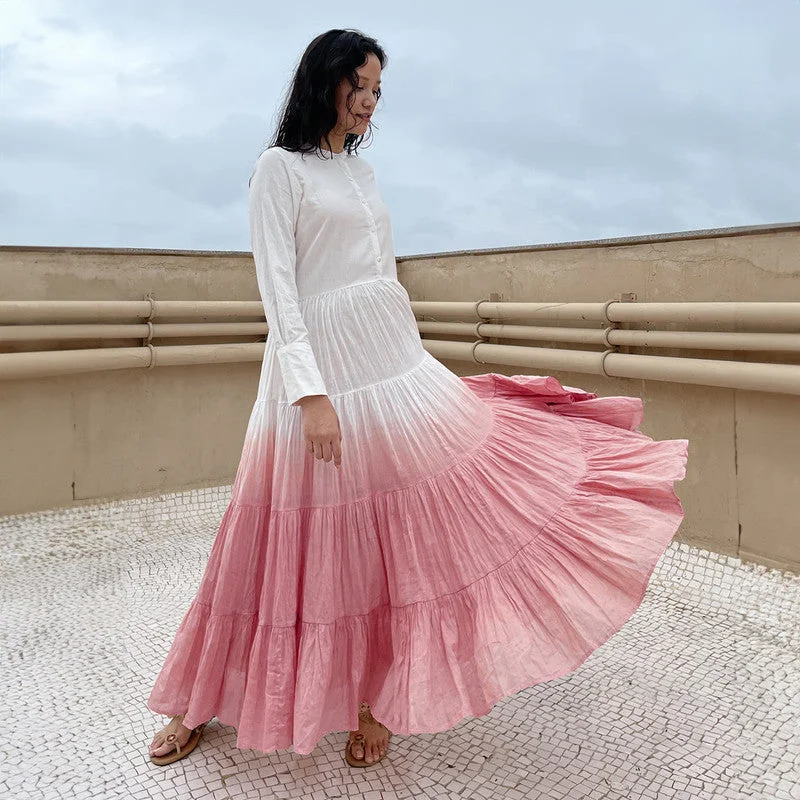 A-Line Maxi Dress | Pure Cotton | Ombre-Dyed | White & Watermelon