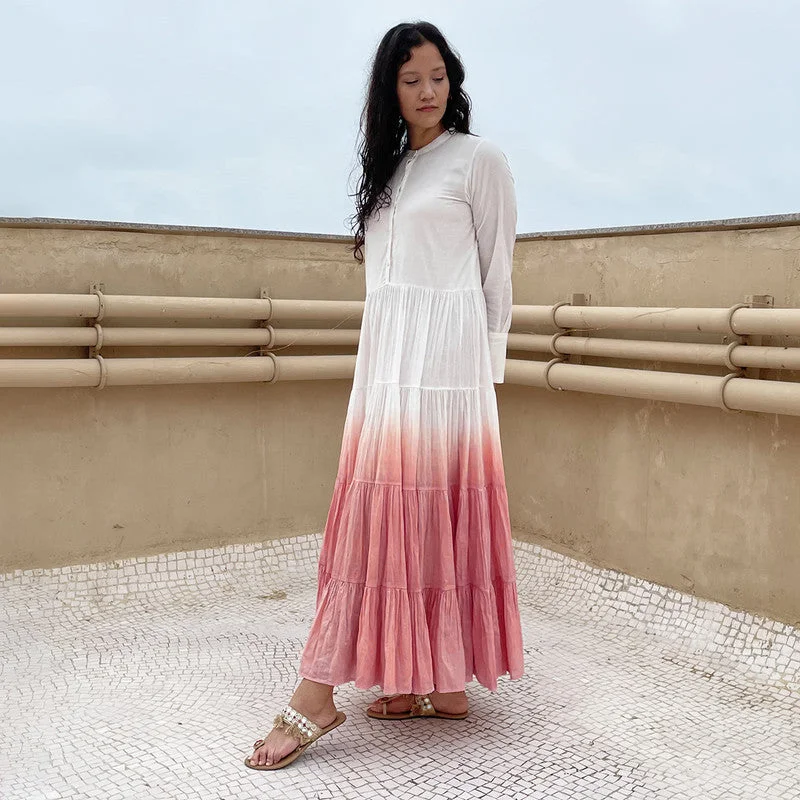 A-Line Maxi Dress | Pure Cotton | Ombre-Dyed | White & Watermelon