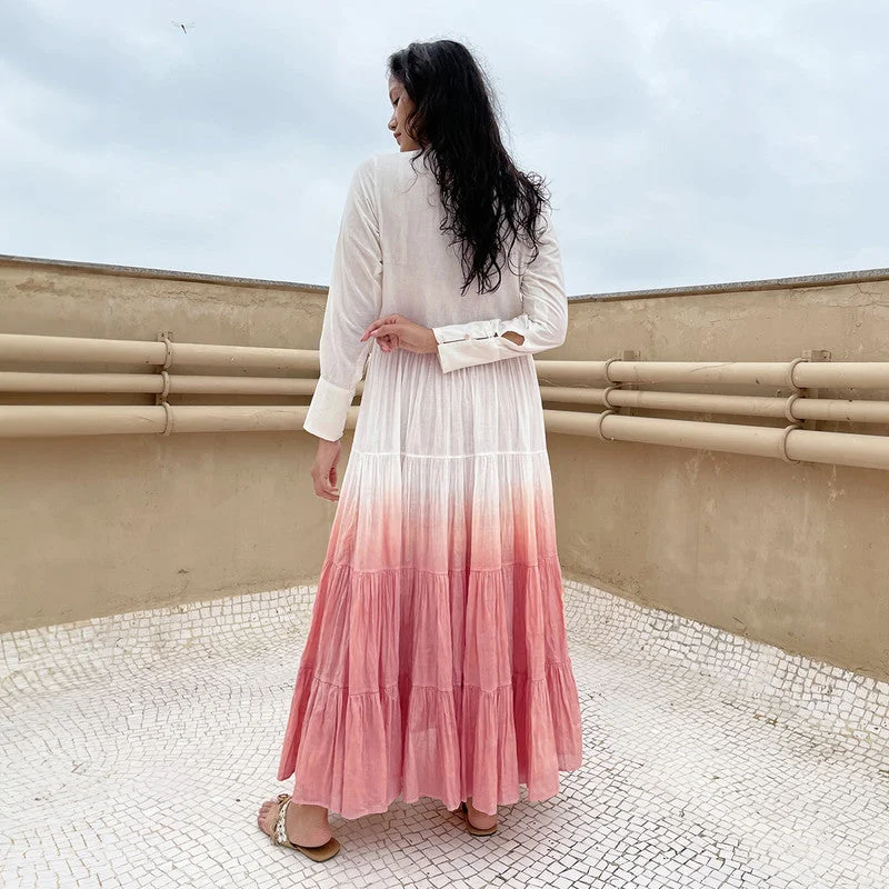 A-Line Maxi Dress | Pure Cotton | Ombre-Dyed | White & Watermelon