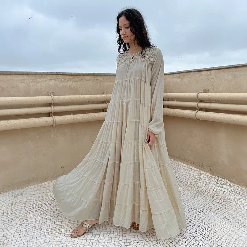 Cotton Tiered Maxi Dress | Embroidered | Beige