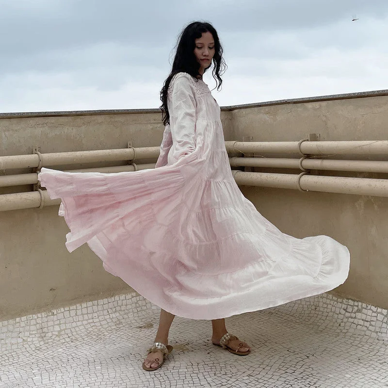 Cotton Tiered Maxi Dress | Embroidered | Dusty Pink