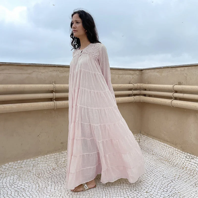 Cotton Tiered Maxi Dress | Embroidered | Dusty Pink