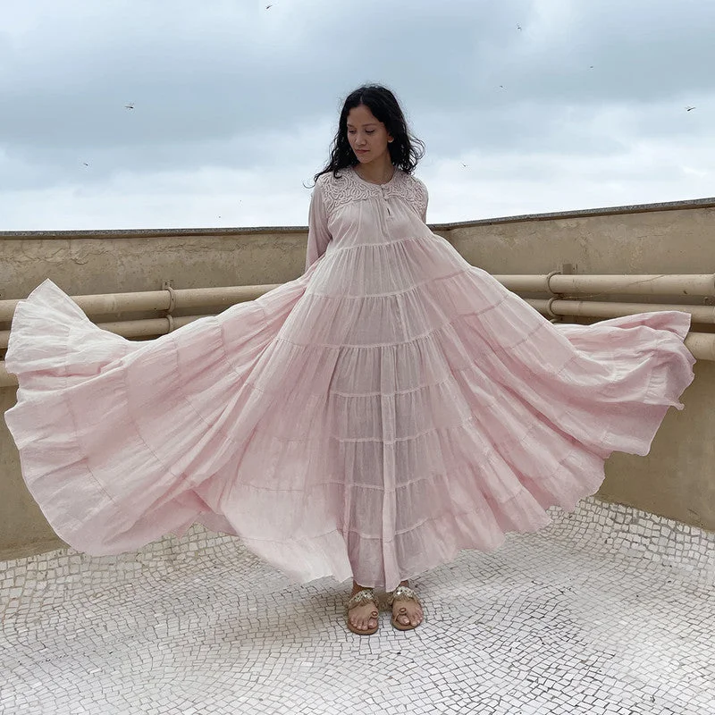 Cotton Tiered Maxi Dress | Embroidered | Dusty Pink