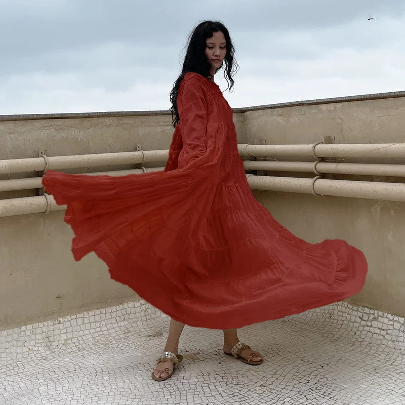 Cotton Tiered Maxi Dress | Embroidered | Red