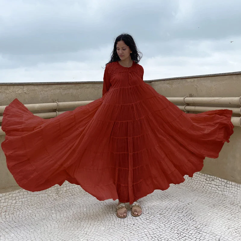 Cotton Tiered Maxi Dress | Embroidered | Red