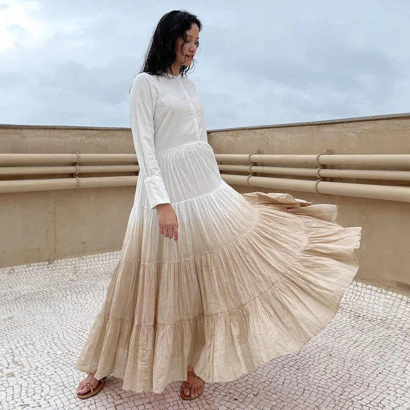 Tiered Maxi Dress | Pure Cotton | Ombre-Dyed | White & Beige