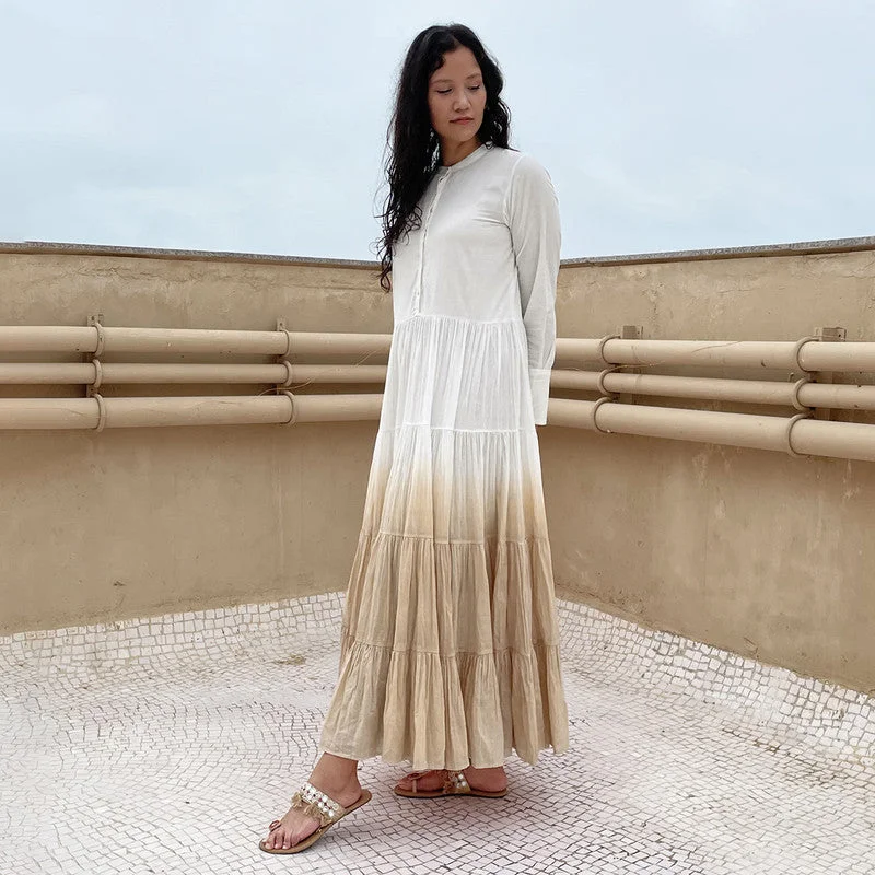 Tiered Maxi Dress | Pure Cotton | Ombre-Dyed | White & Beige