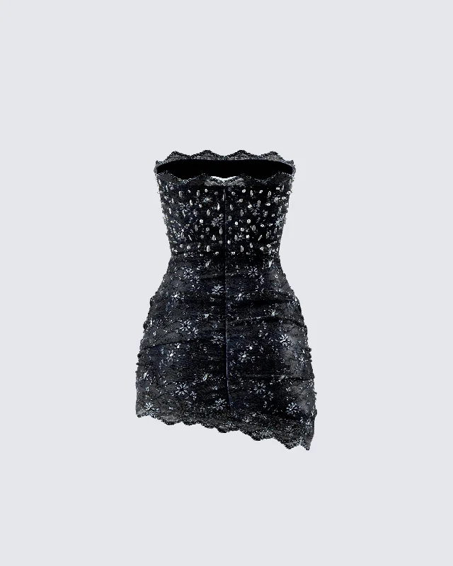 Clover Hand Beaded Rhinestone Black Mini Dress