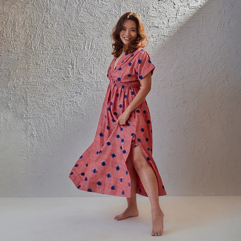 Malkha Cotton Maxi Dress | Ikat Print | Polka Dot | Red & Blue