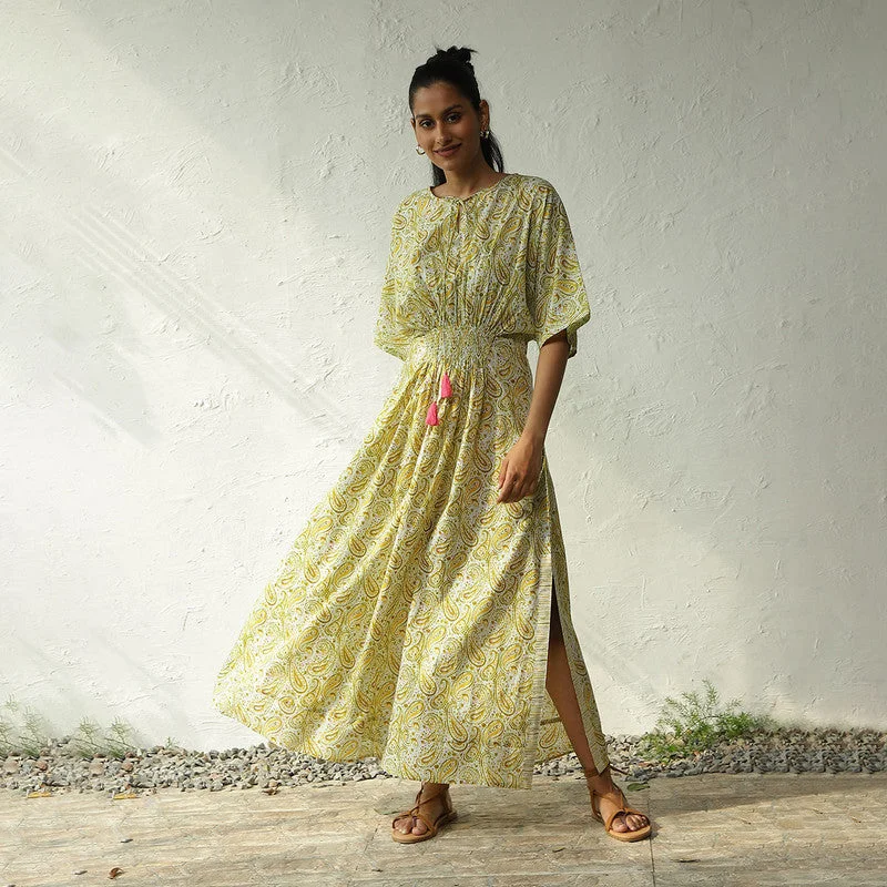 Cotton Maxi Dress for Women | Block Print | Yellow