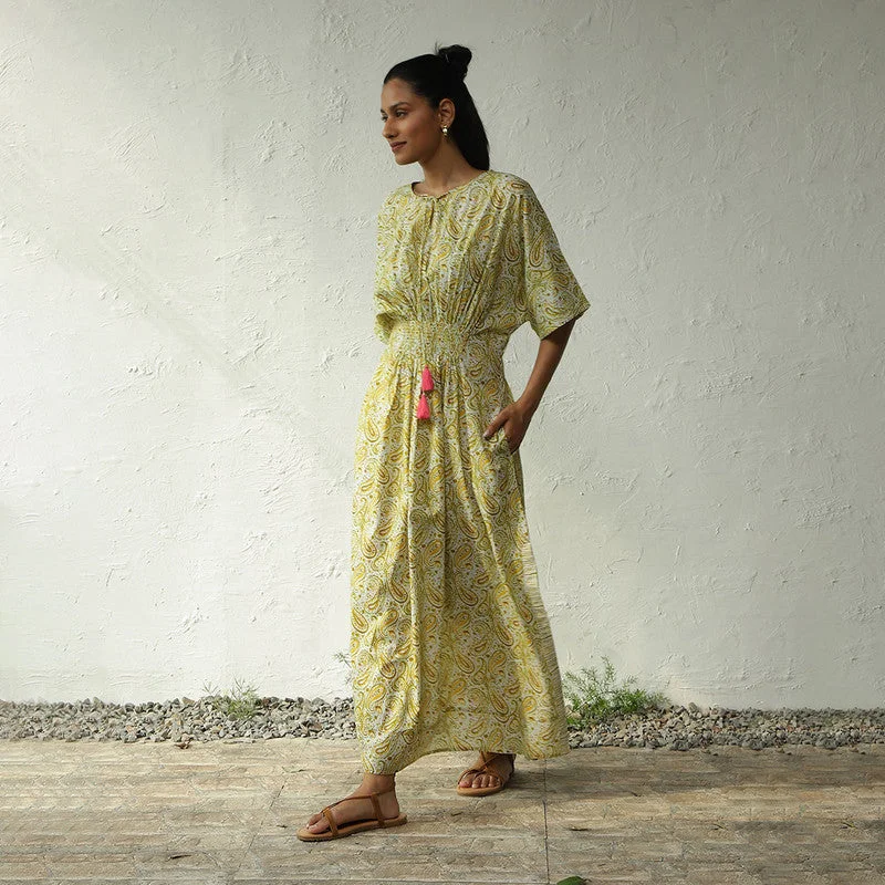 Cotton Maxi Dress for Women | Block Print | Yellow