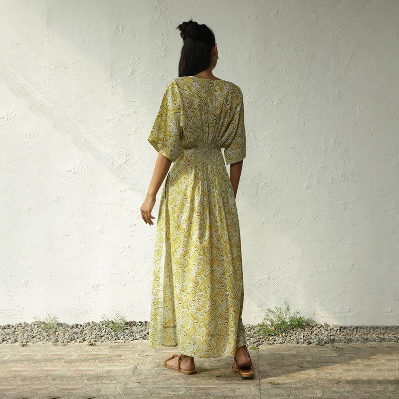 Cotton Maxi Dress for Women | Block Print | Yellow