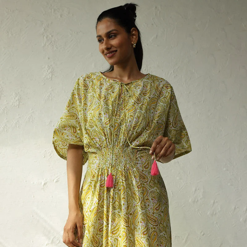 Cotton Maxi Dress for Women | Block Print | Yellow