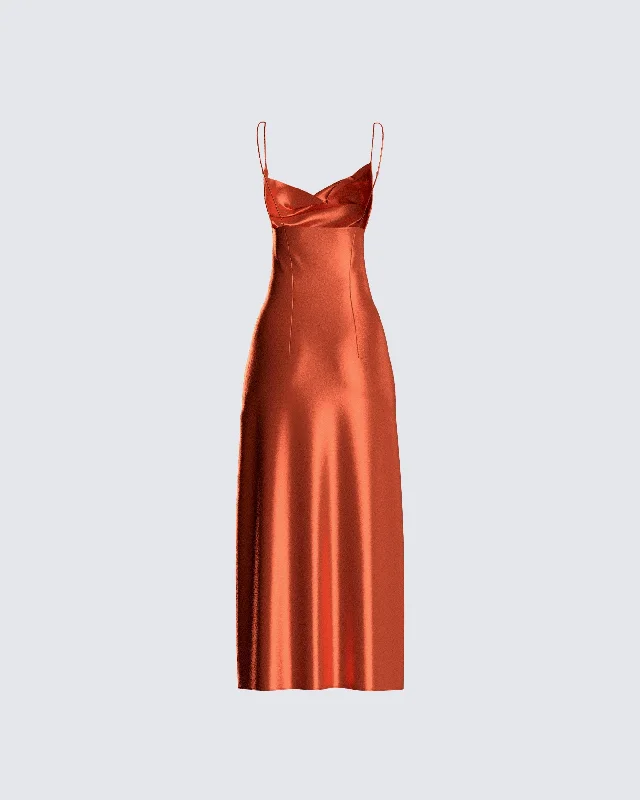 El Orange Satin Midi Dress