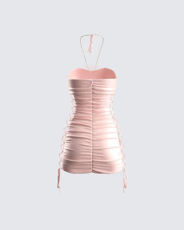 Elara Pink Satin Laced Mini Dress