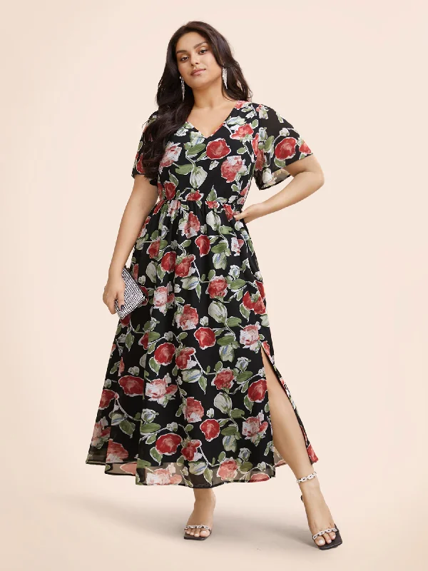 Floral Tie Knot Slit Hem Maxi Dress