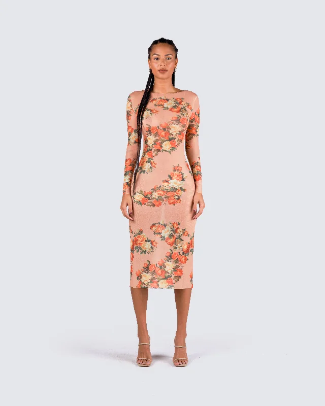 Gardenia Rose Print Mesh Midi Dress