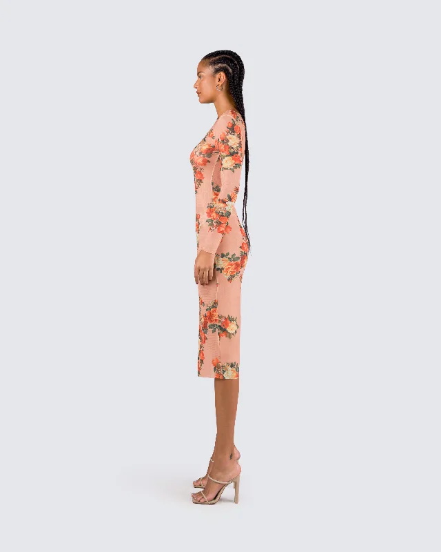 Gardenia Rose Print Mesh Midi Dress